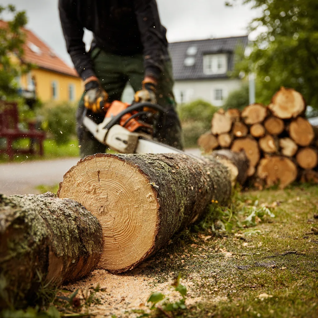 Opskæring af stamme efter træfældning i Slagelse