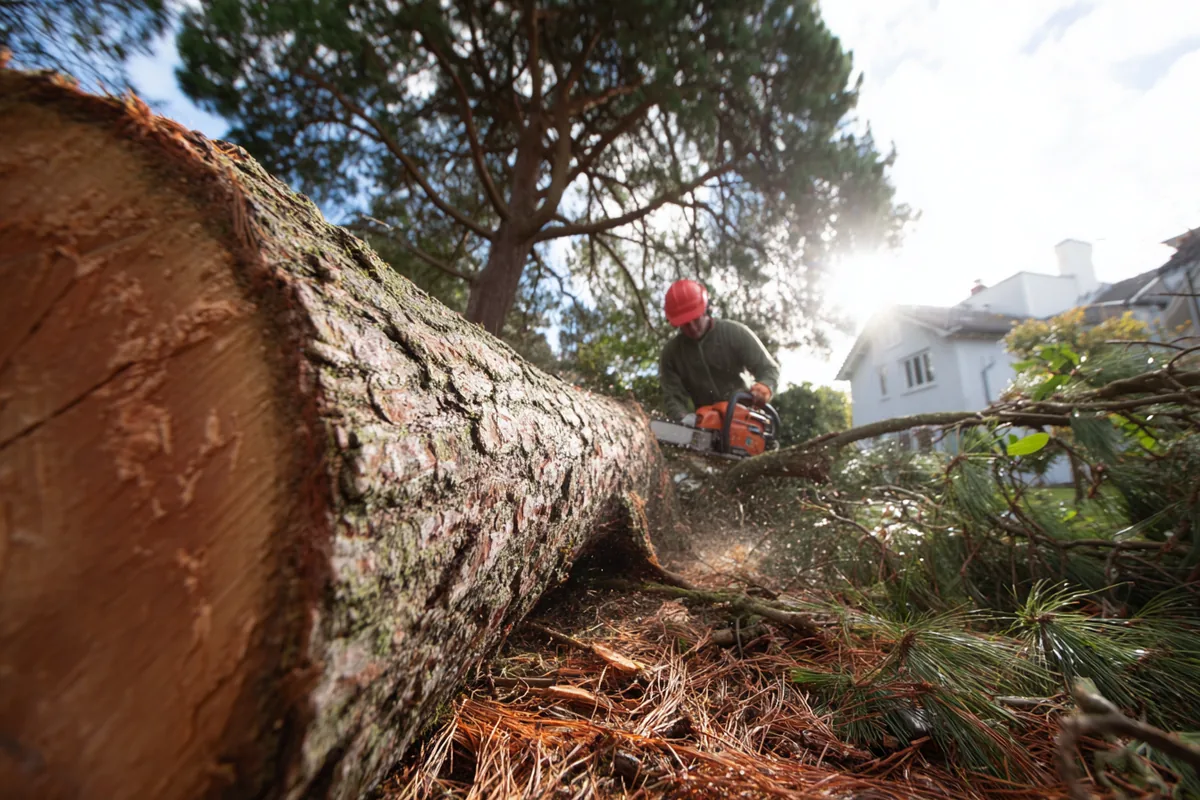 Arborist klatrer i højt fyrretræ med klatresele og udfører træfældning i Slagelse